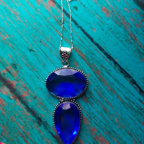 NWOT 925 Silver London Blue Topaz Double Pendant 18" Chain - Picture 1 of 4